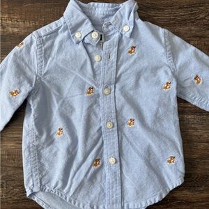 Janie and Jack Blue Button Down Shirt with Teddy Bear Embroidery